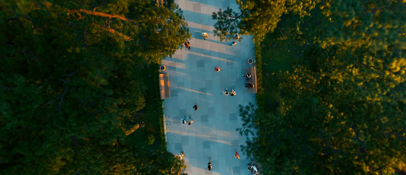 Allée piétonne du parc d’Ambassadori Island vue du ciel, entre les arbres