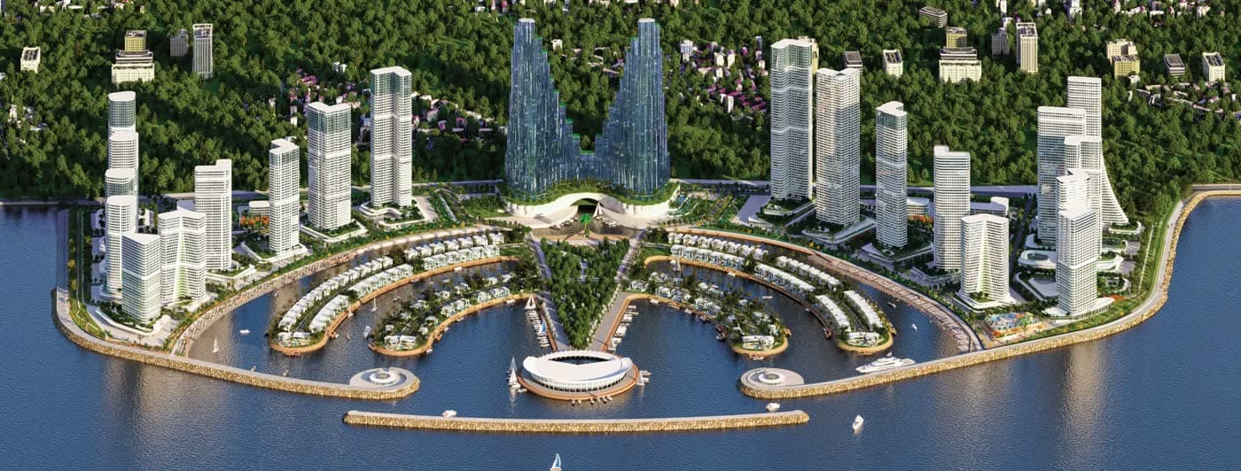 Ambassadori Island vu depuis la mer : le masterplan s’inscrit entre la marina et les collines boisées de Batumi