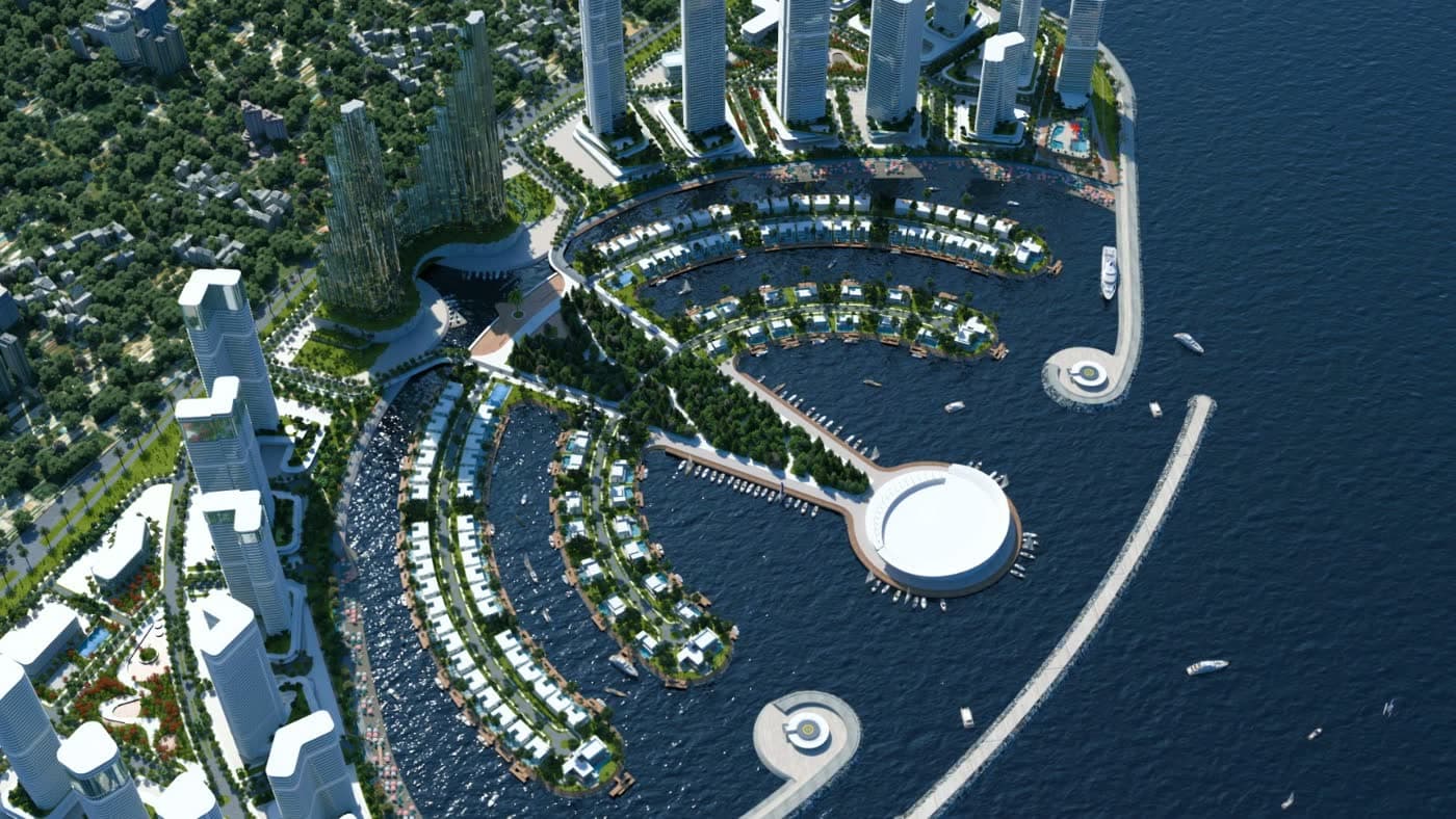 Vue aérienne du yacht club et des presqu’îles de villas d’Ambassadori Island