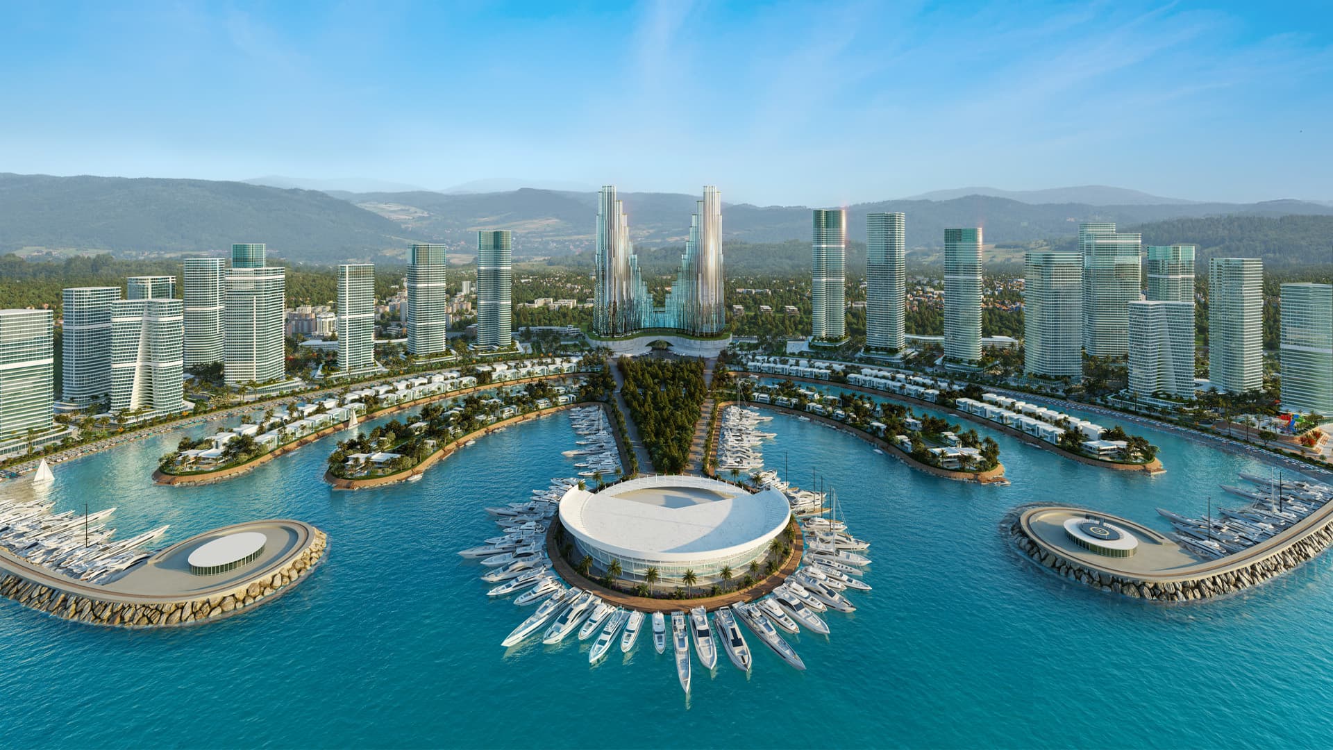 Vue d’ensemble du masterplan Ambassadori Island à Batumi : marina, yacht club et tours résidentielles sur le front de mer