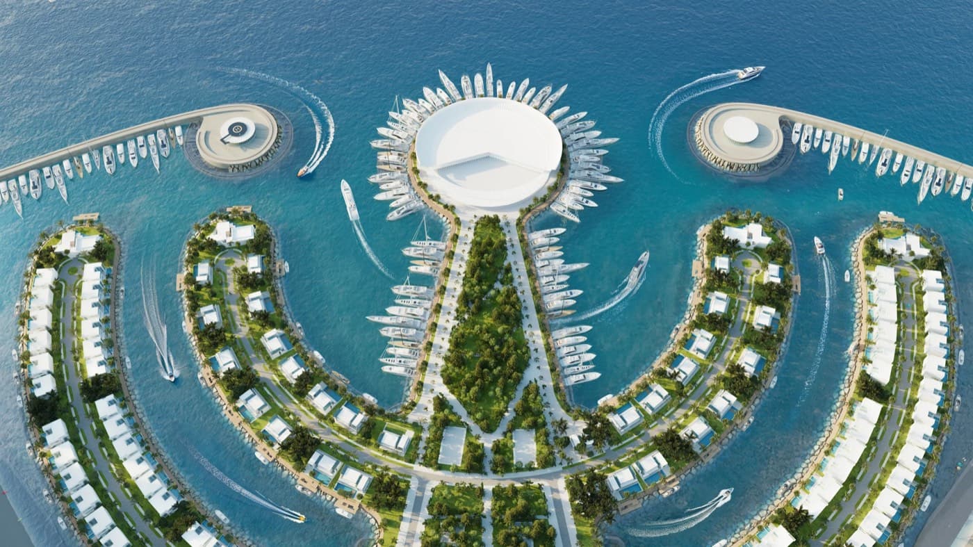 Vue d'artiste en plongée d'un masterplan de marina : îlots résidentiels, anneaux de villas et yacht club au centre