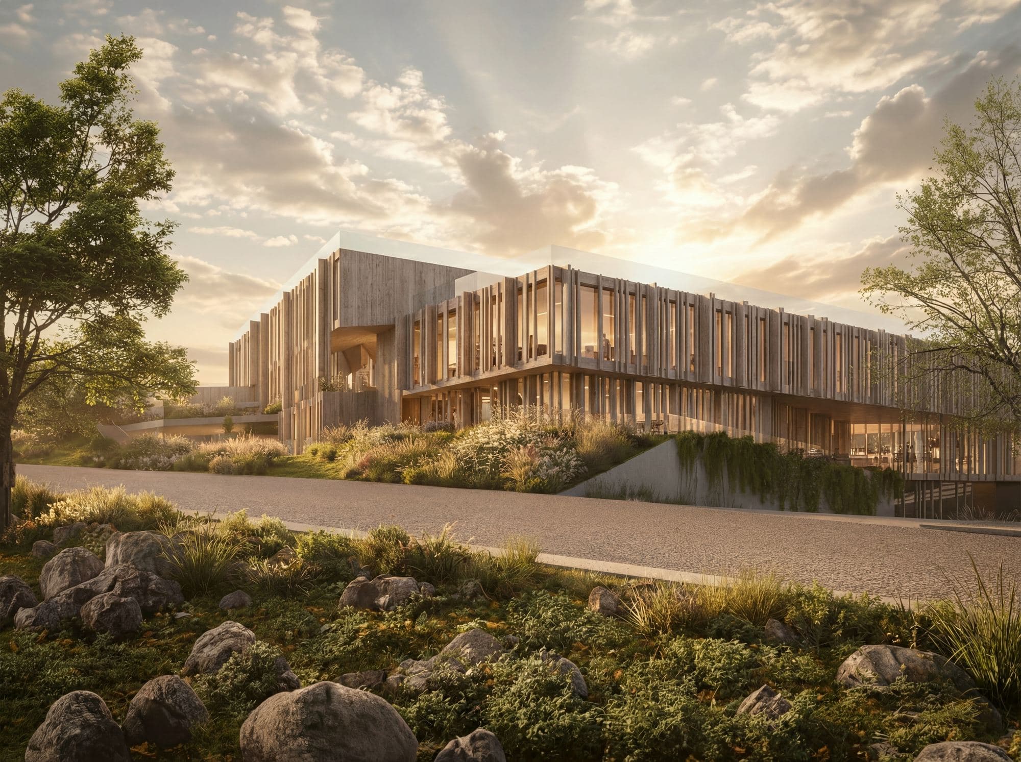 Vue d’artiste du bâtiment d’accueil en bois, posé dans le paysage au couchant