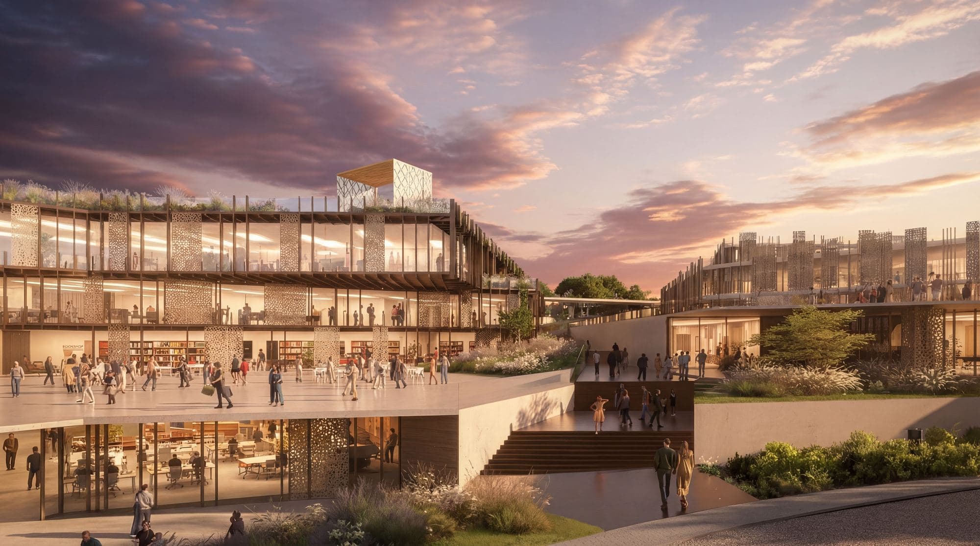 La place commerçante du quartier en journée, terrasses et passants