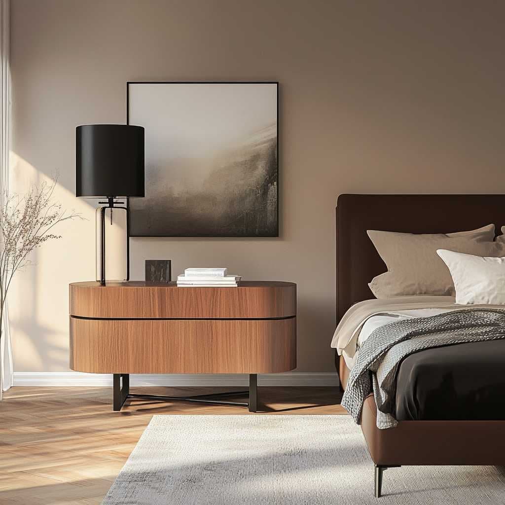 Vue d’artiste d’une chambre aux tons bois et crème