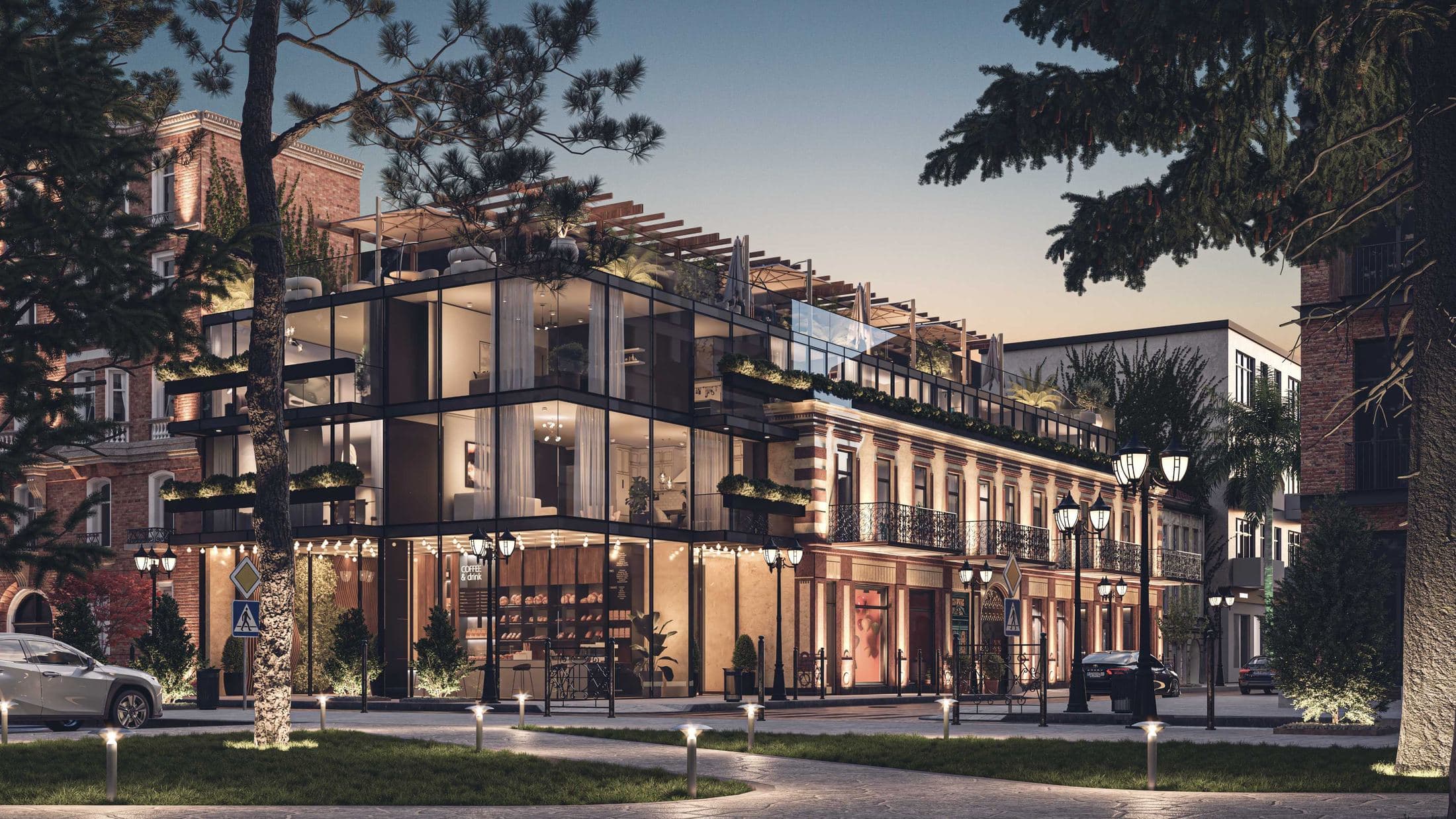 Vue d’artiste de Next Downtown au crépuscule : la façade historique restaurée, les vitrines éclairées au rez-de-chaussée