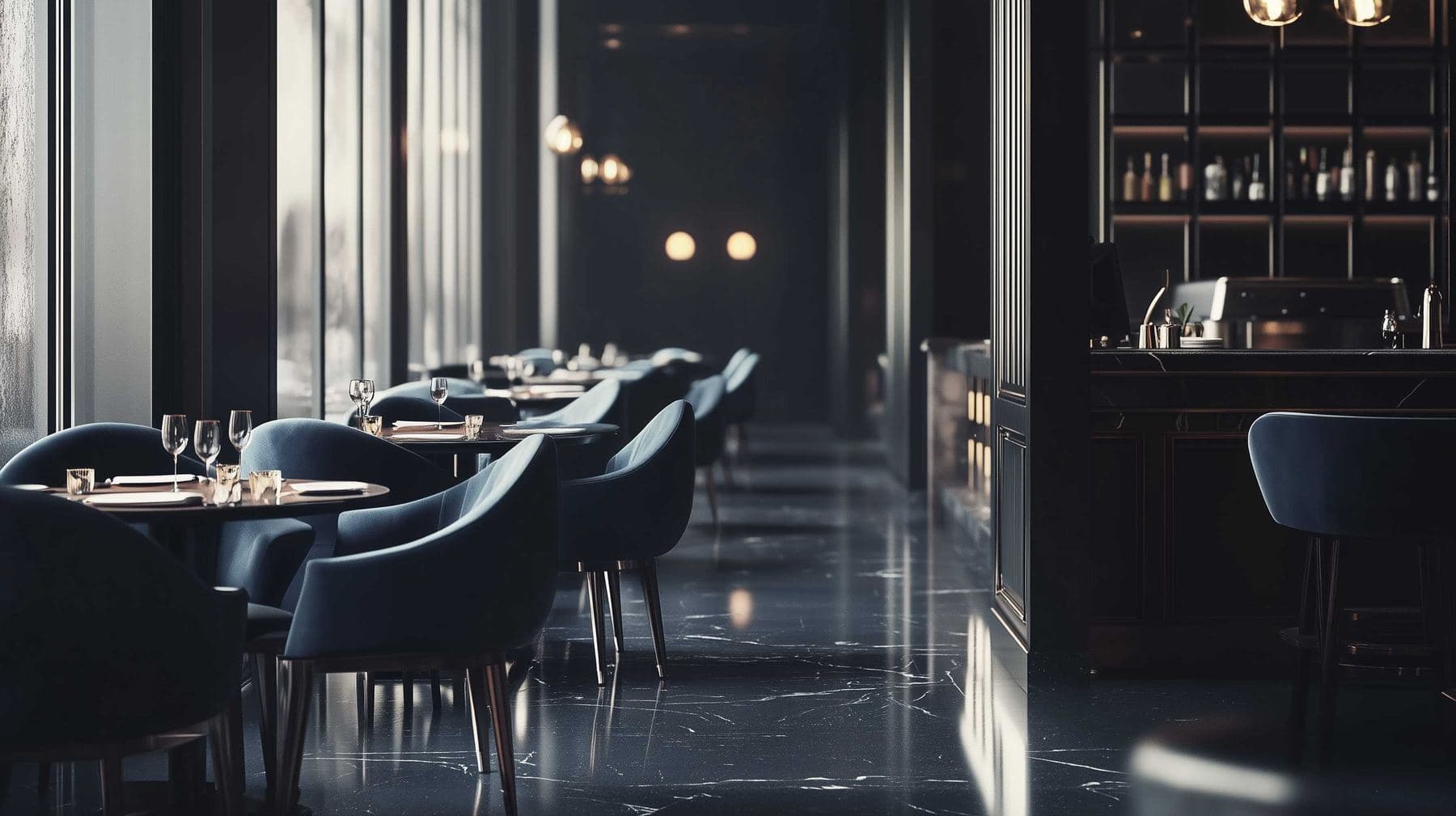 Vue d’artiste d’un restaurant en pied d’immeuble, banquettes et suspensions