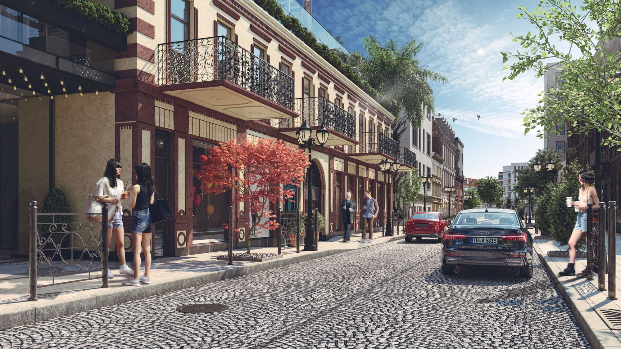 Vue d’artiste de la rue pavée devant Next Downtown, passants et vitrines éclairées