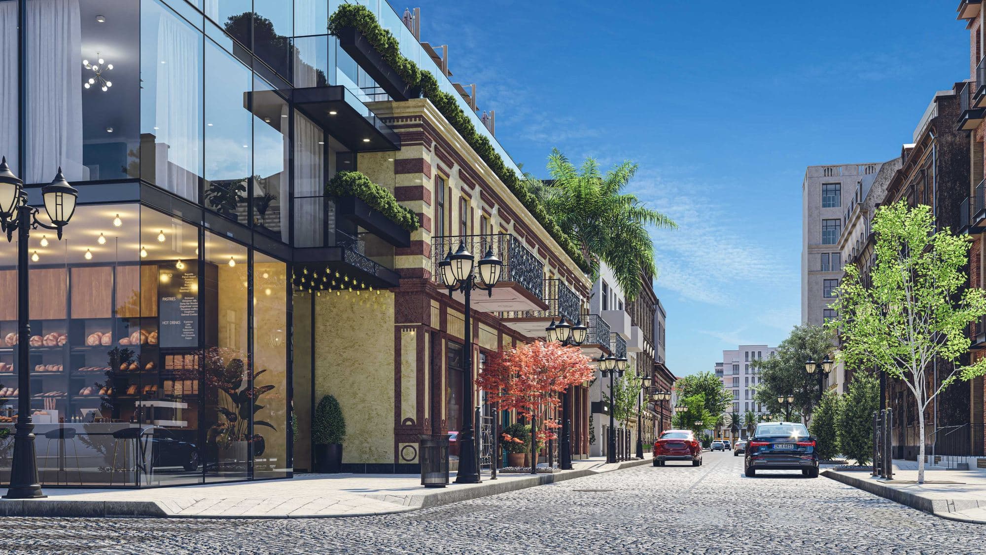 Next Downtown vu depuis la rue en journée, arbres et stationnement en premier plan
