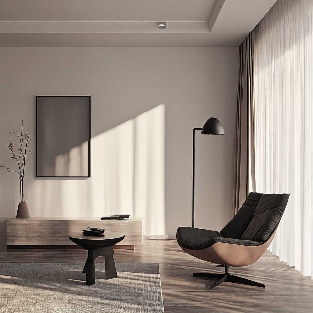 Vue d’artiste d’un séjour : fauteuil, lampadaire et lumière naturelle