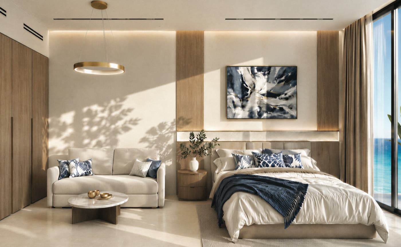 Chambre meublée en palette bleue, coin salon et baie vitrée sur la mer
