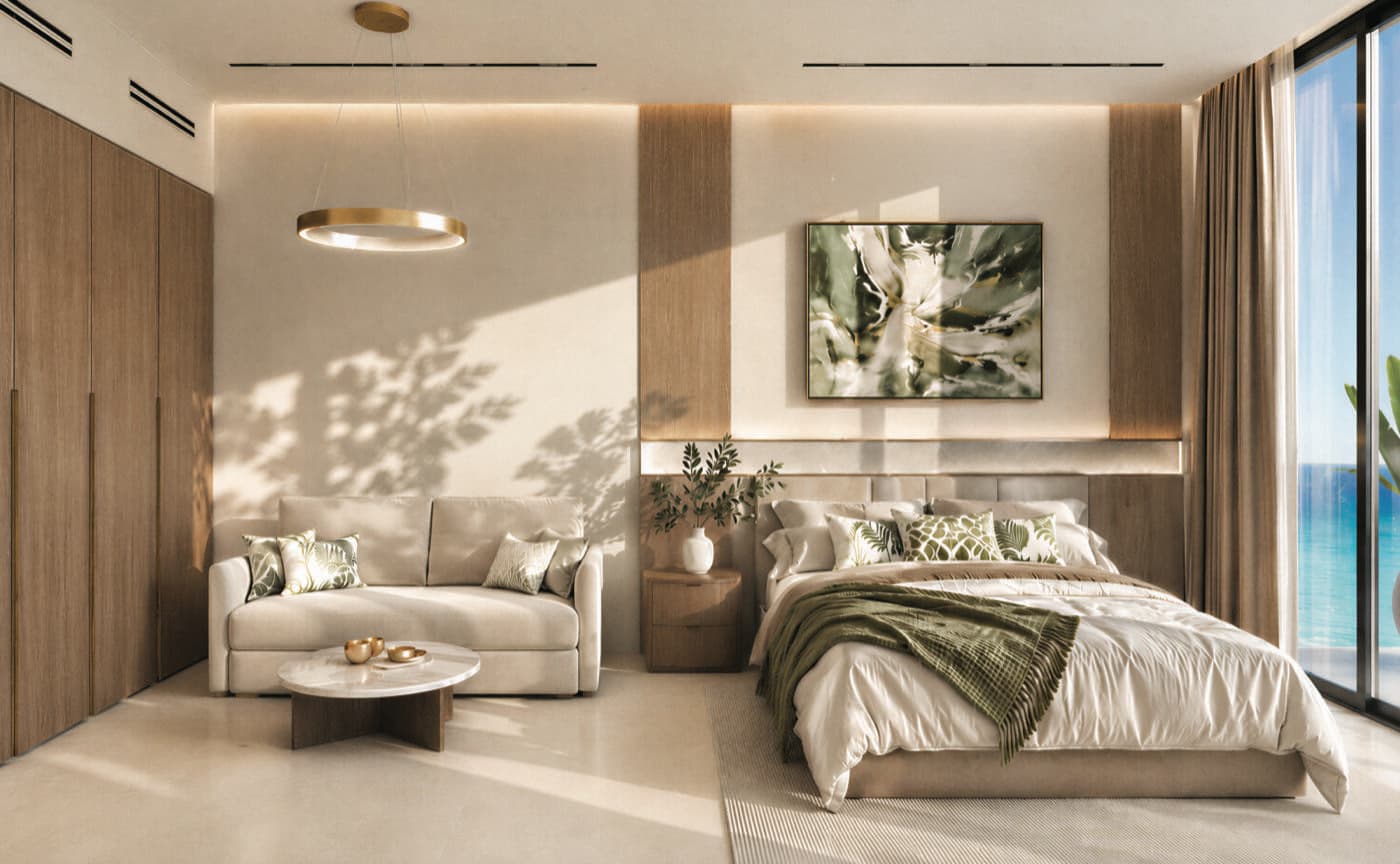 Chambre meublée en palette verte, coin salon et baie vitrée sur la mer