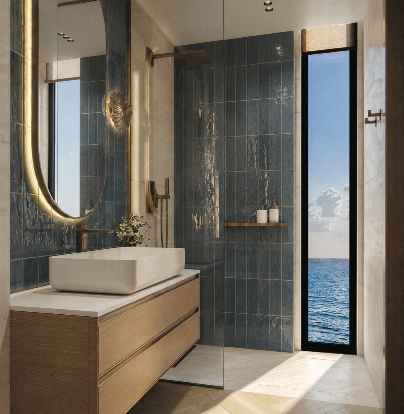 Salle de bains en faïence bleue, douche à l’italienne et vue sur la mer
