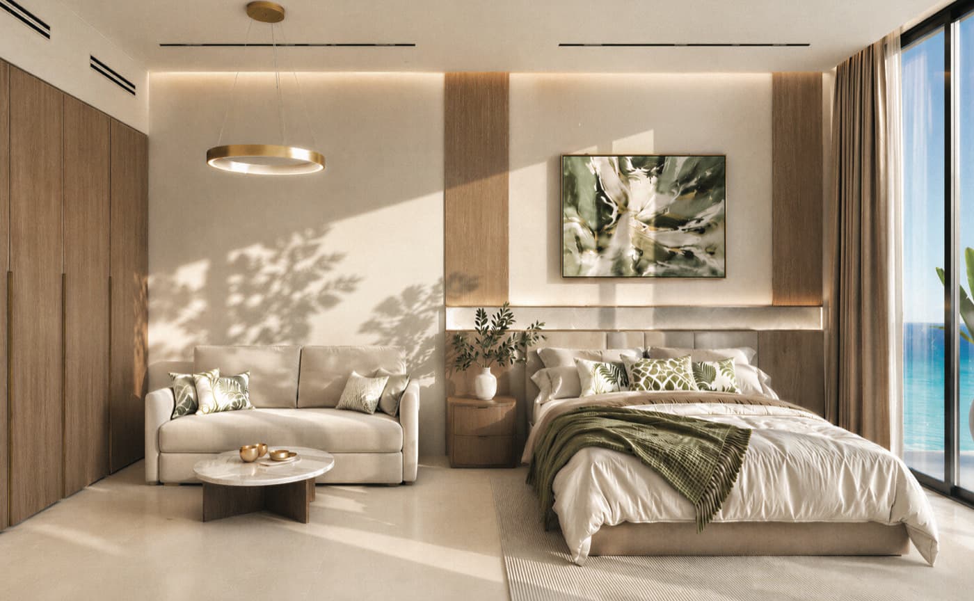 Vue d'artiste d'une chambre meublée de One Peninsula, ouverte sur la mer