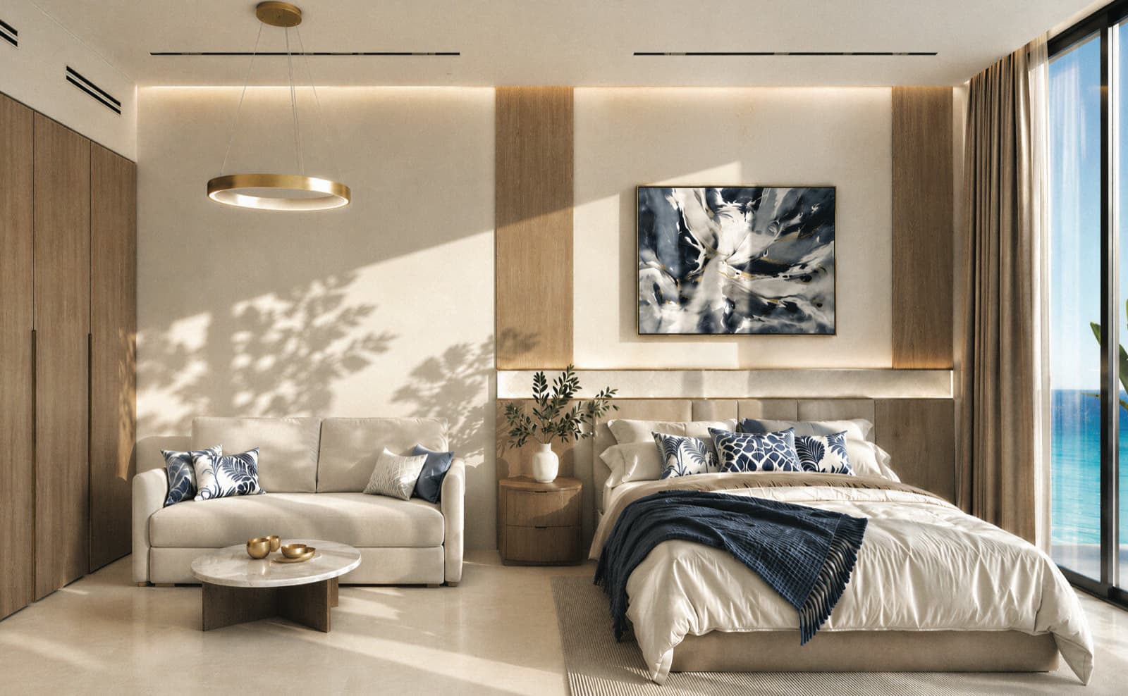 Vue d'artiste d'une chambre meublée de One Peninsula, ouverte sur la mer