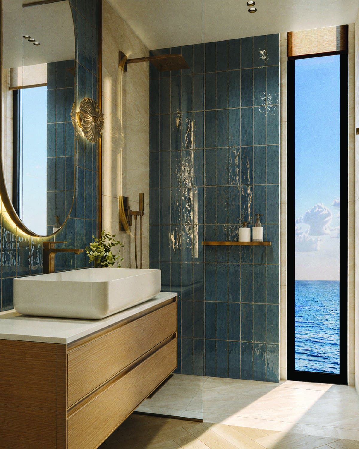 Vue d’artiste d’une salle de bains de One Peninsula, ouverte sur la mer Noire