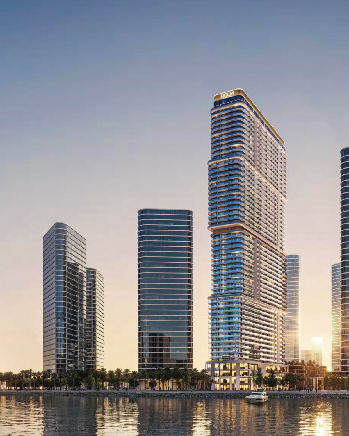 Vue d'artiste du front de mer de Batumi au soleil couchant, la tour One Peninsula au centre des immeubles voisins