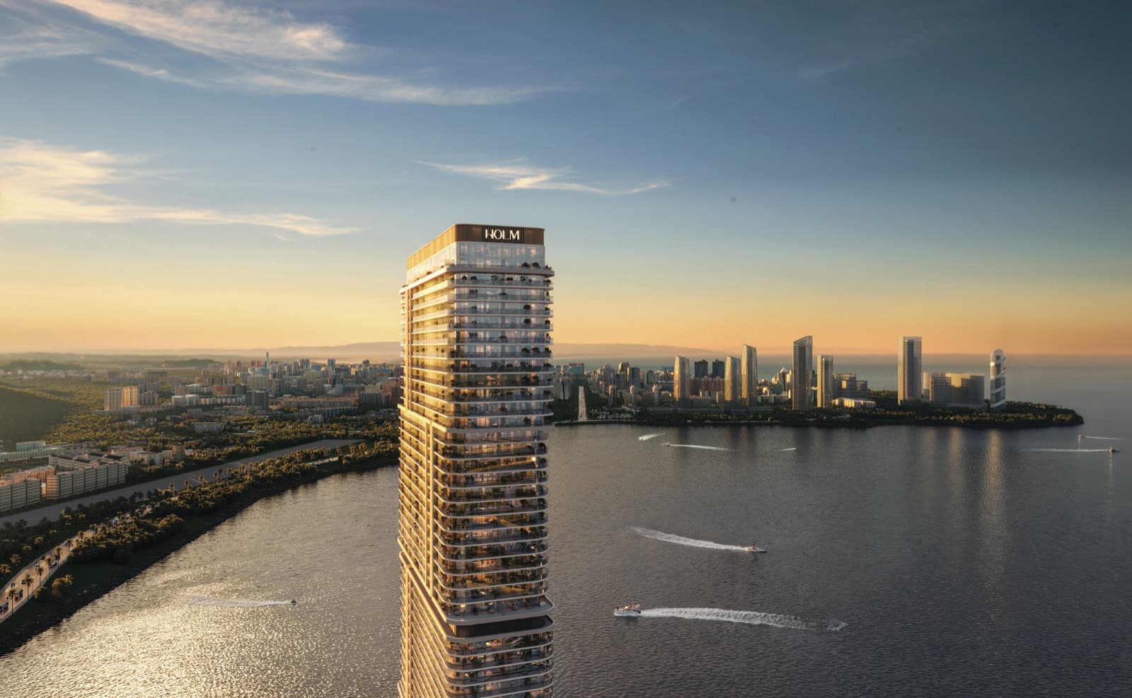 Vue d'artiste aérienne de la tour One Peninsula au coucher du soleil, dressée face à la mer avec la skyline de Batumi en arrière-plan
