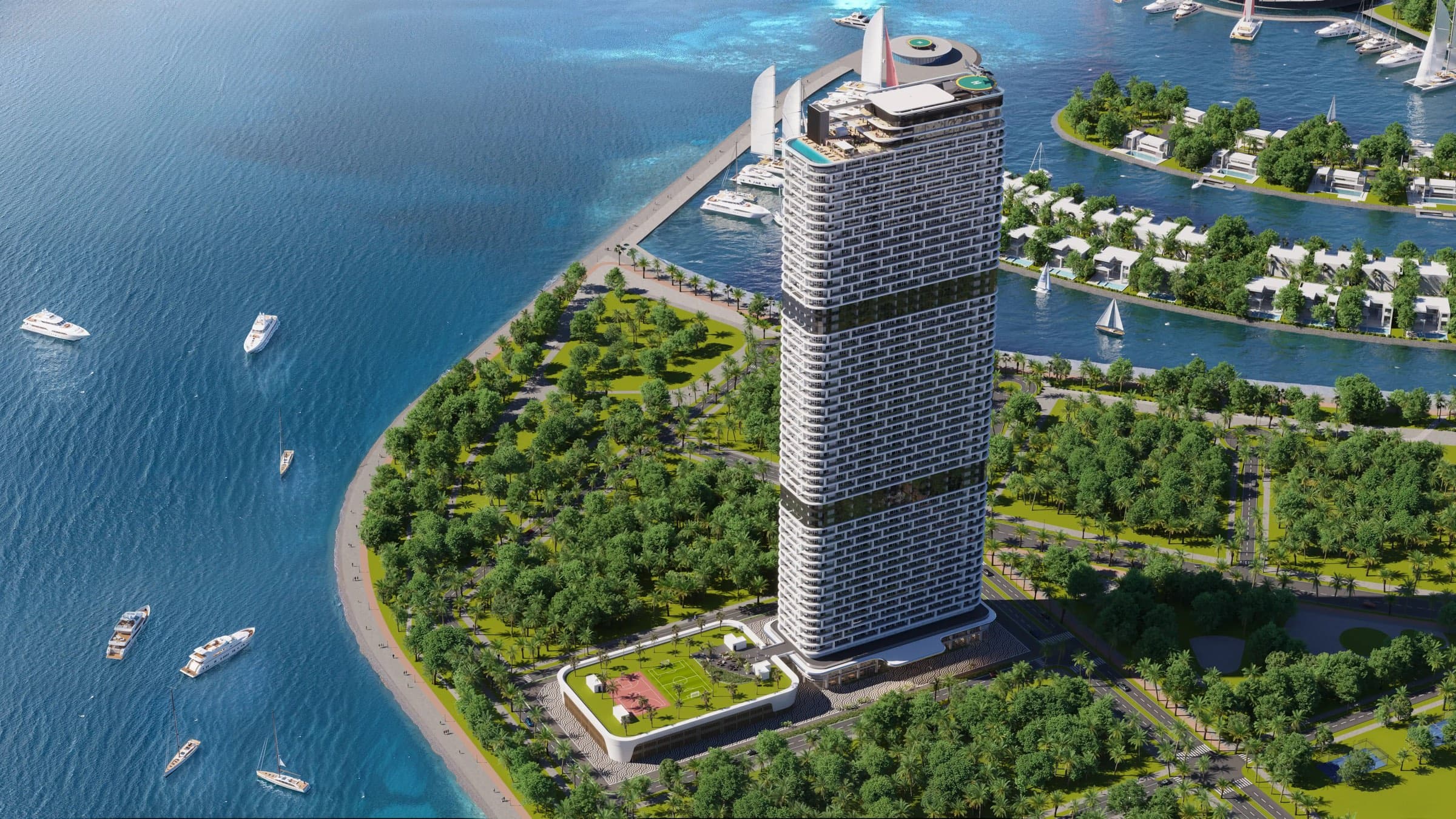Vue d'artiste aérienne d'une tour résidentielle sur une presqu'île de Batumi, entre la marina, le parc et la plage