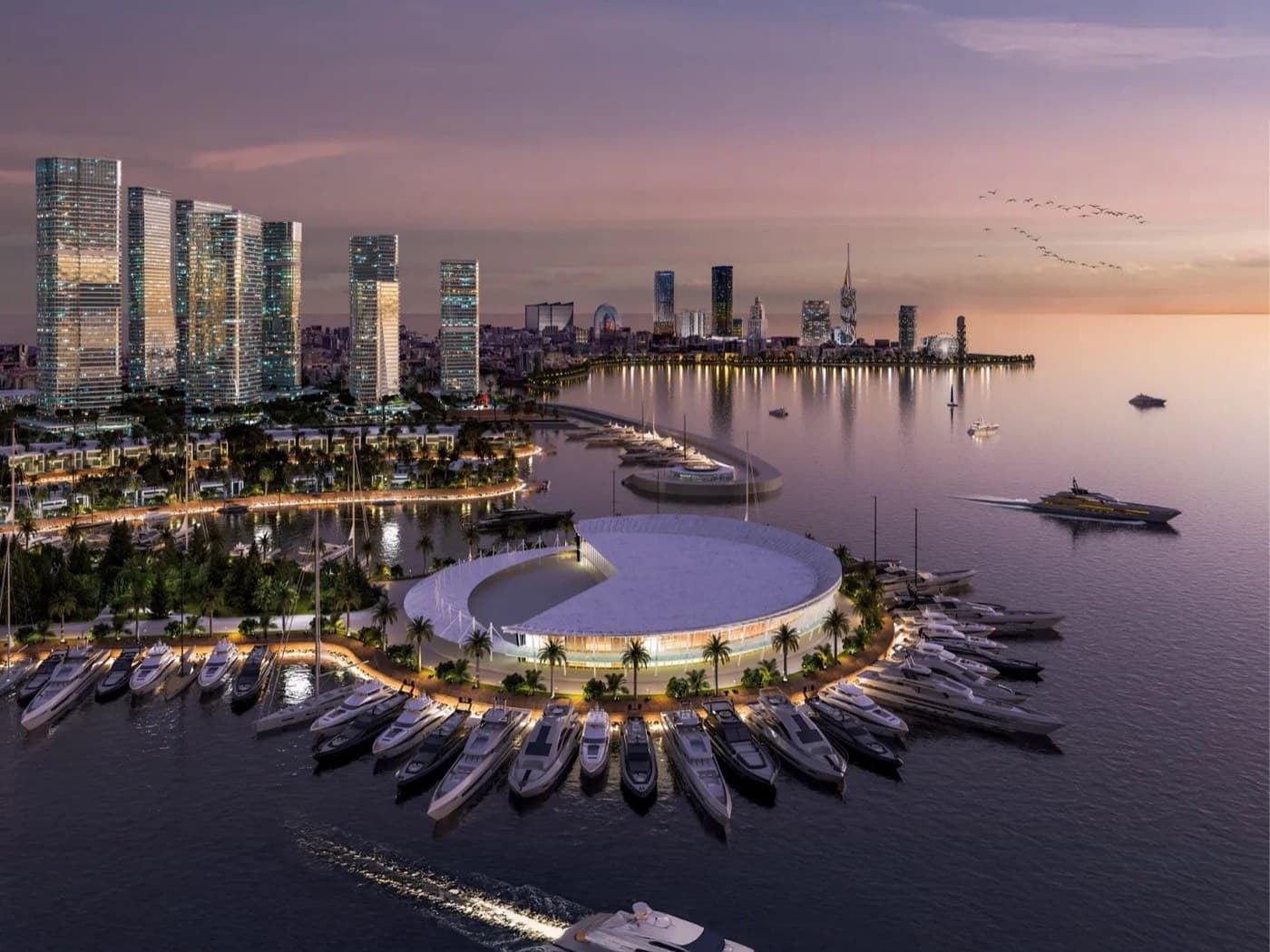 Vue d'artiste d'une marina et de son yacht club au crépuscule, avec la skyline de Batumi en arrière-plan