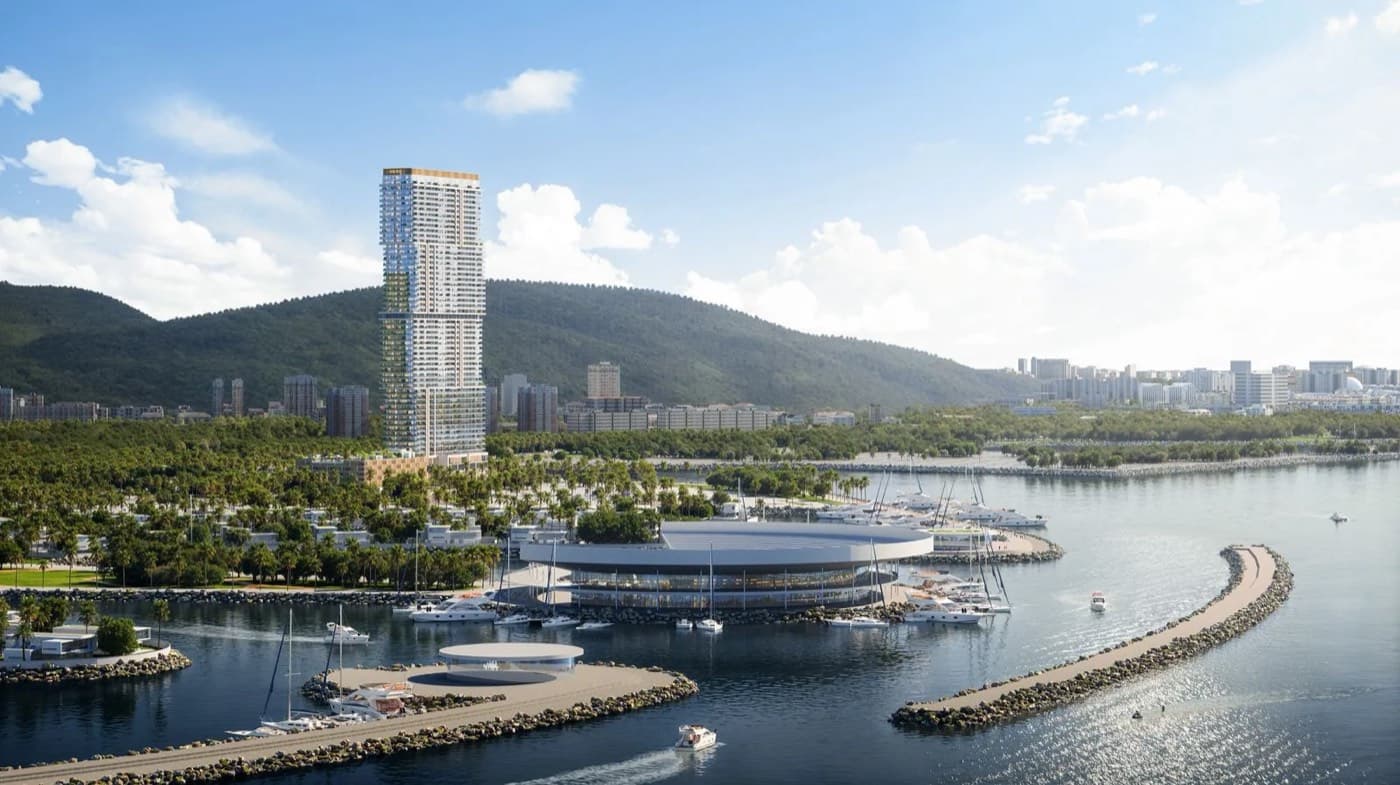 Vue d'artiste d'un yacht club et de sa marina au pied d'une tour résidentielle, adossés aux collines